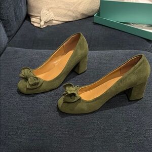 Green Suede Block Heel Pumps